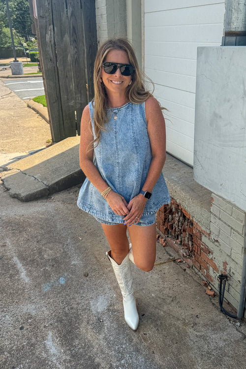 Denim Trapeze Sleevless Shorts Set-Light Denim - Simply Dixie Boutique