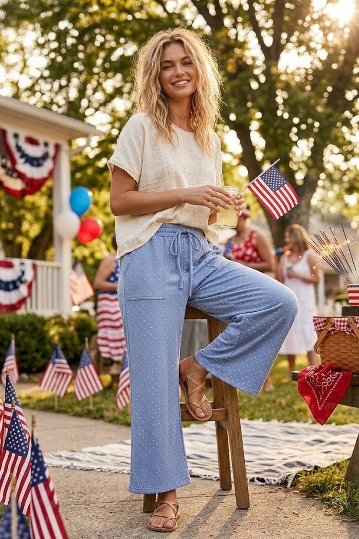 Relaxed Polka Dot Wide Leg Pants-Red/White