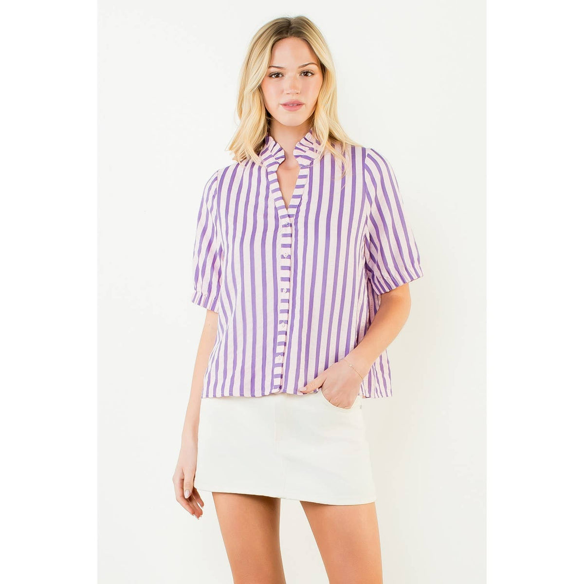 THML - Short Sleeve Striped Button Down Top-Purple