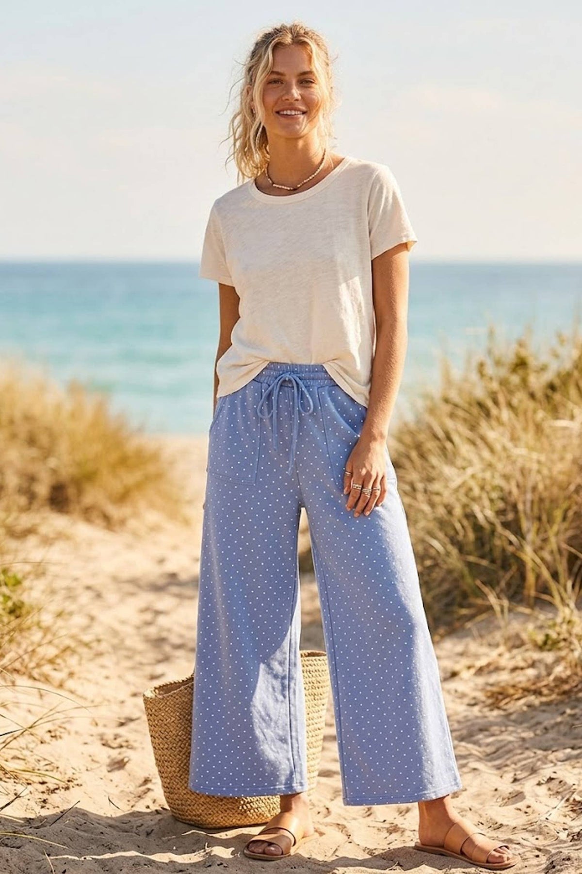 Relaxed Polka Dot Wide Leg Pants-Red/White