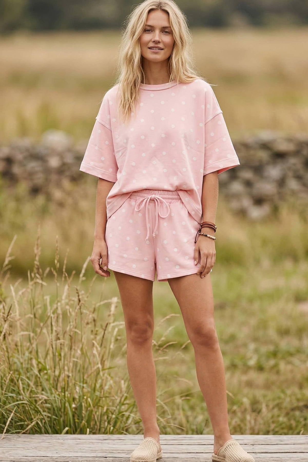 Polka Dot Scuba Top and Shorts Set-Cream/Black