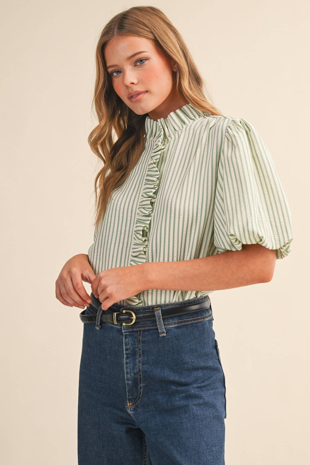 Striped Ruffled Button Down Top-Seafoam