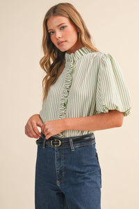 Striped Ruffled Button Down Top-Seafoam