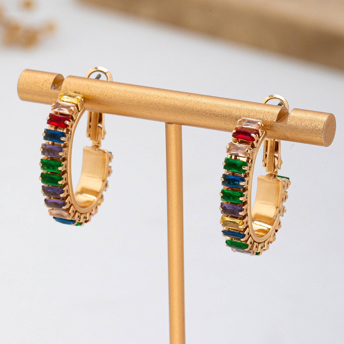 Multicolor Baguette Crystal Hoop Earrings-Gold