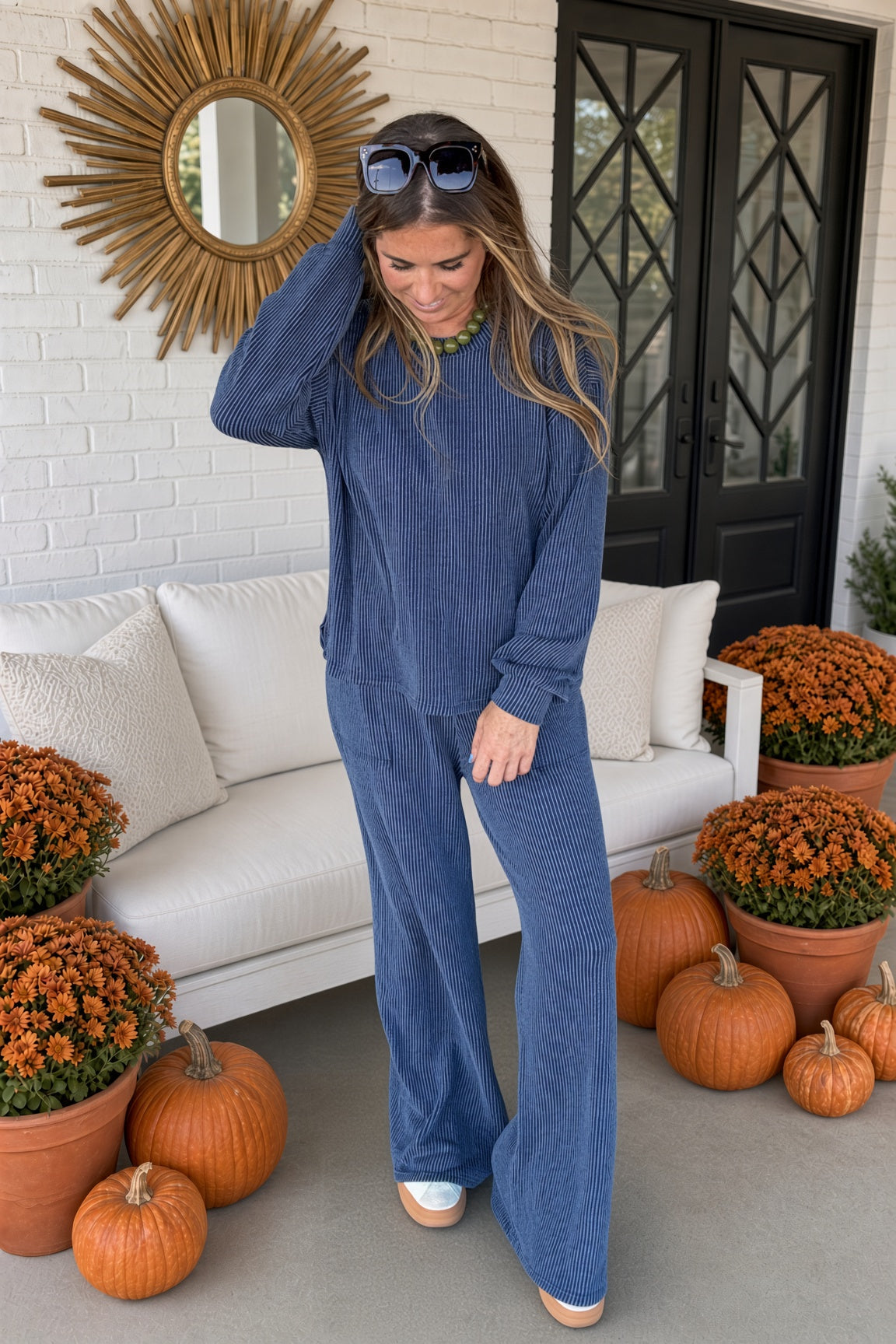 Zenana-Raised Rib Round Neck Pullover and Pants Set