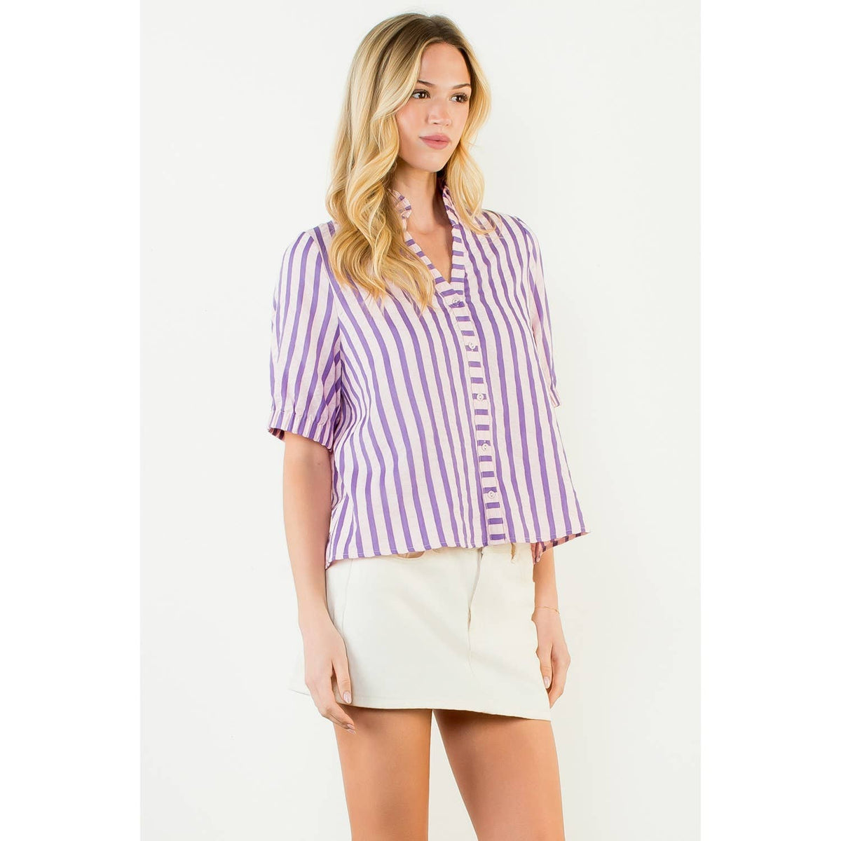 THML - Short Sleeve Striped Button Down Top-Purple
