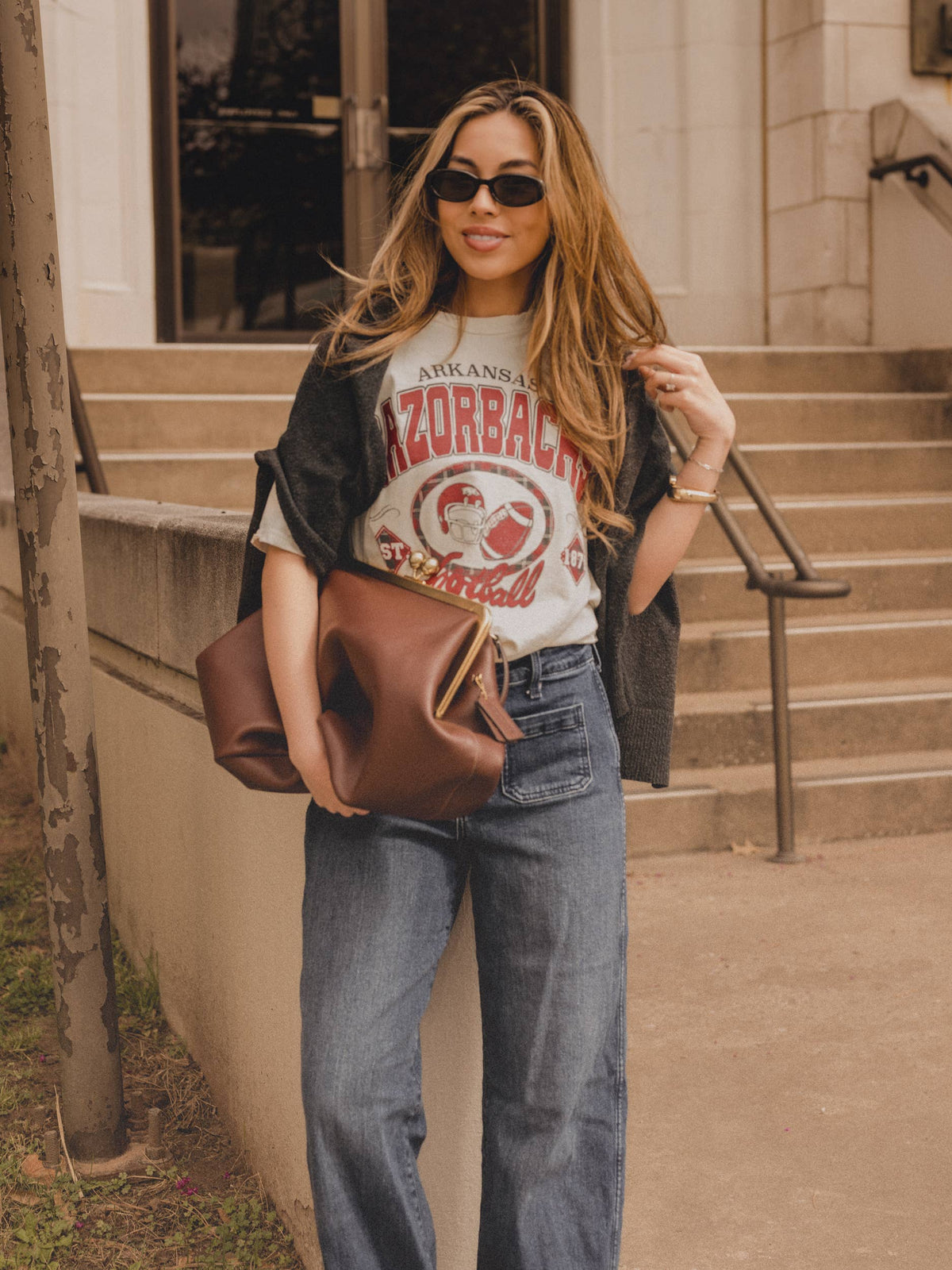LivyLu - Arkansas Razorbacks Gridiron Football Off White Thrifted Tee