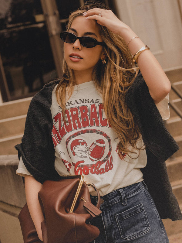SALE-LivyLu - Arkansas Razorbacks Gridiron Football Off White Thrifted Tee