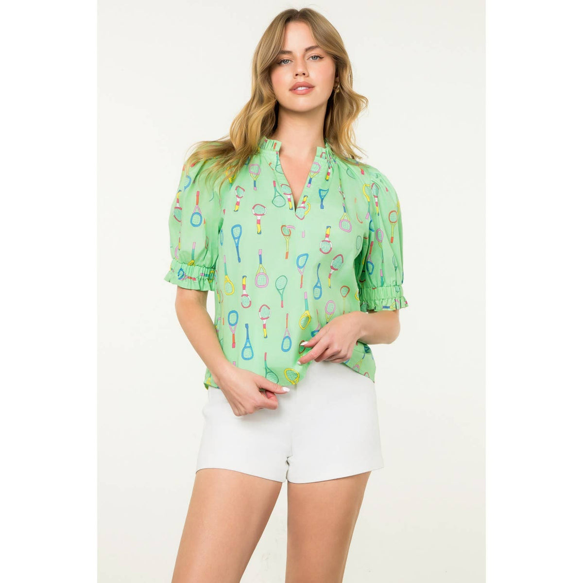 THML - Tennis Racket Print V-Neck Top-Lime