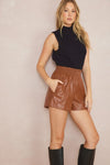 Elastic Waist Vegan Leather Shorts-Walnut