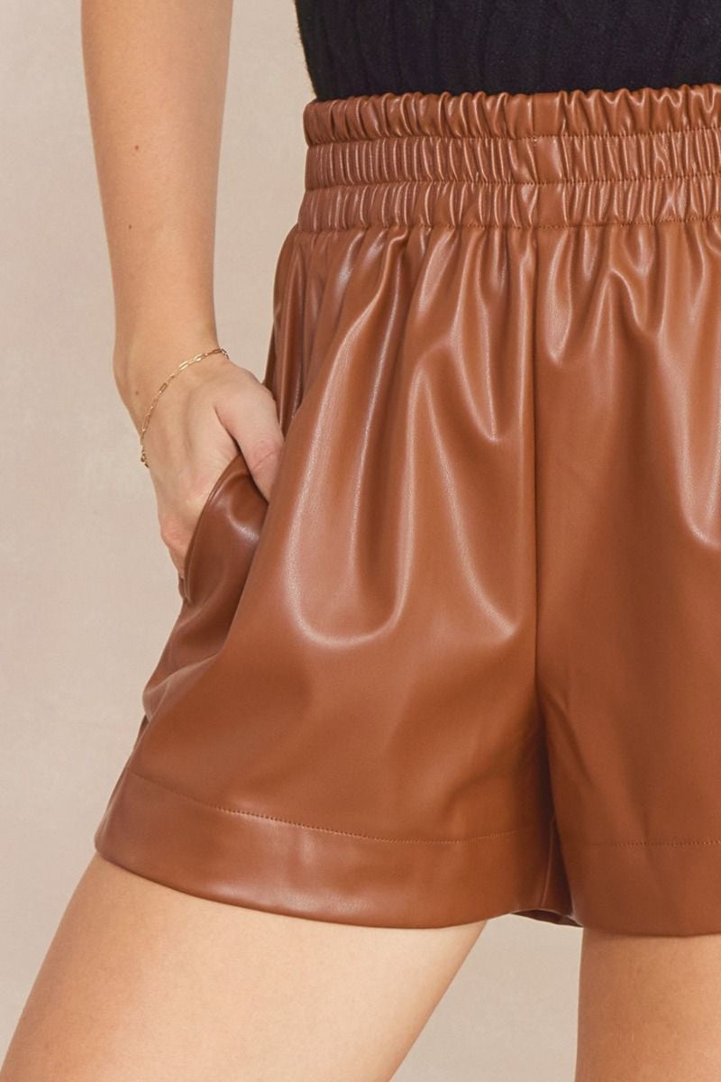 Elastic Waist Vegan Leather Shorts-Walnut