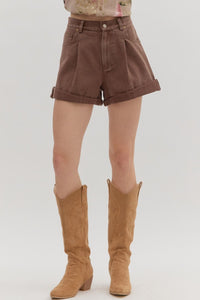 Entro Brown Rolled Cuff Shorts Pintuck