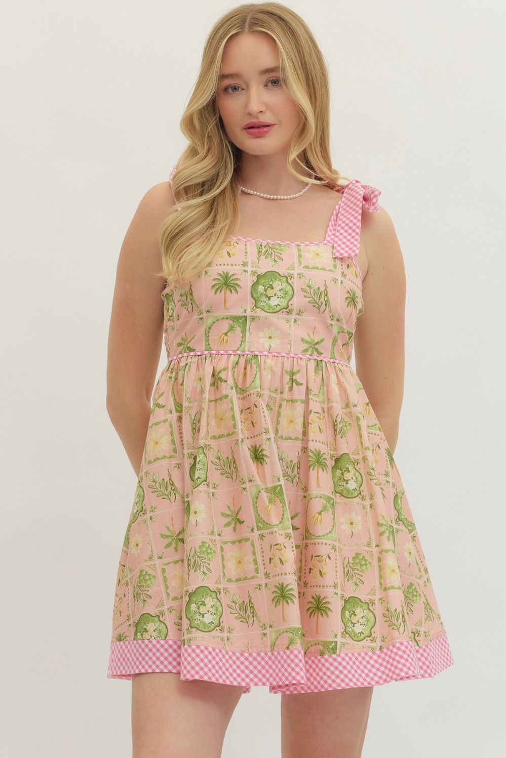 Vacay Print Gingham Trimmed Dress-Peach