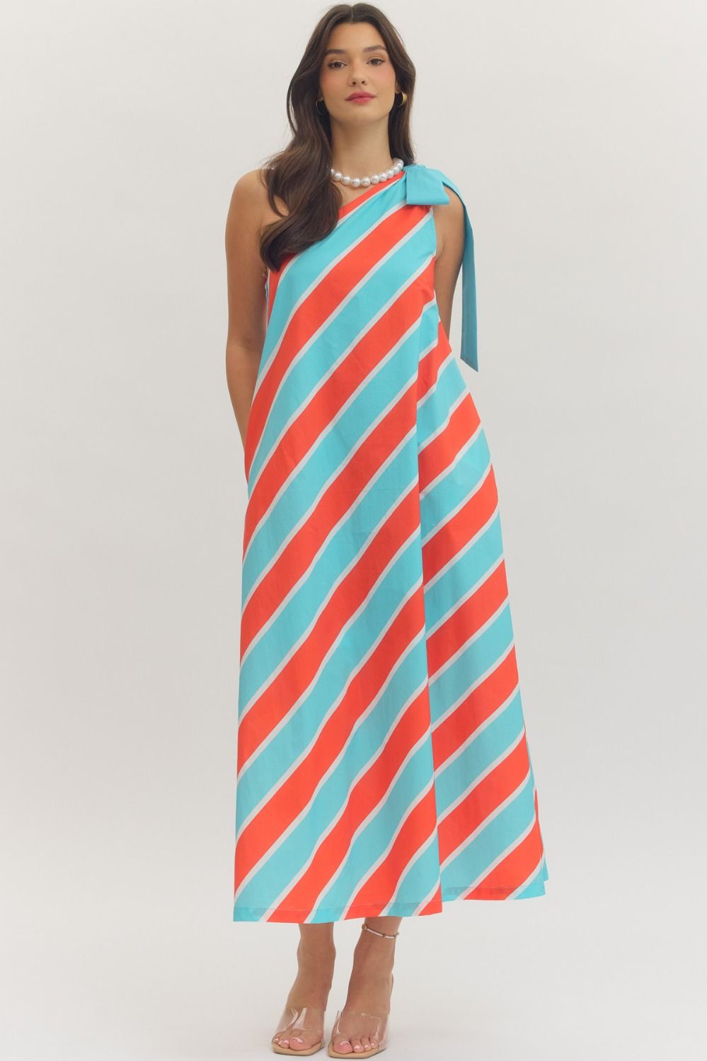Bold Stripes One Shoulder Midi Dress-Pink/Orange