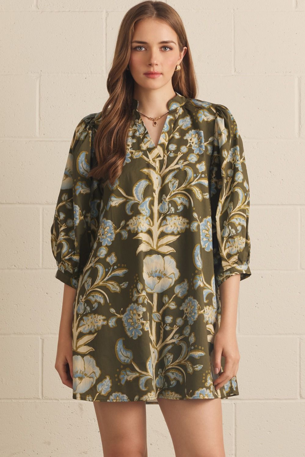 Floral Confessions 3/4 Sleeve Dress-Olive