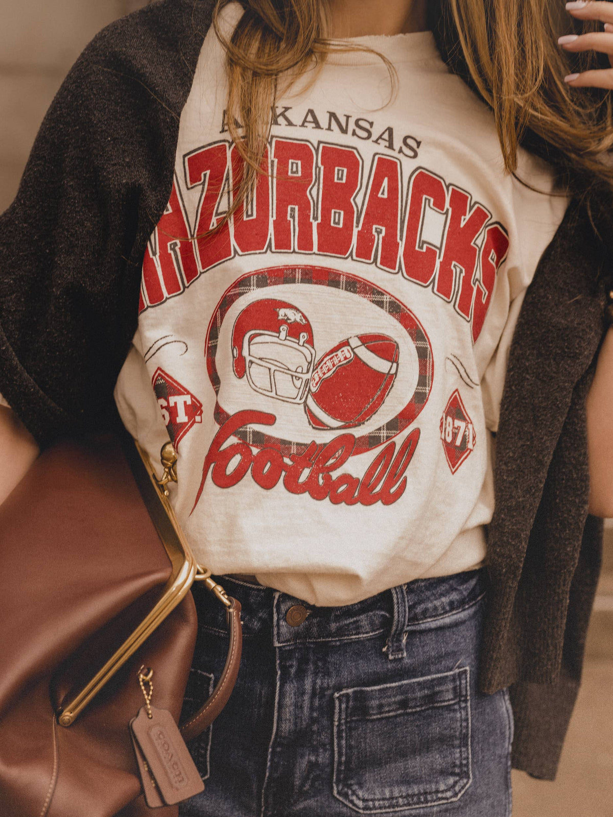 LivyLu - Arkansas Razorbacks Gridiron Football Off White Thrifted Tee