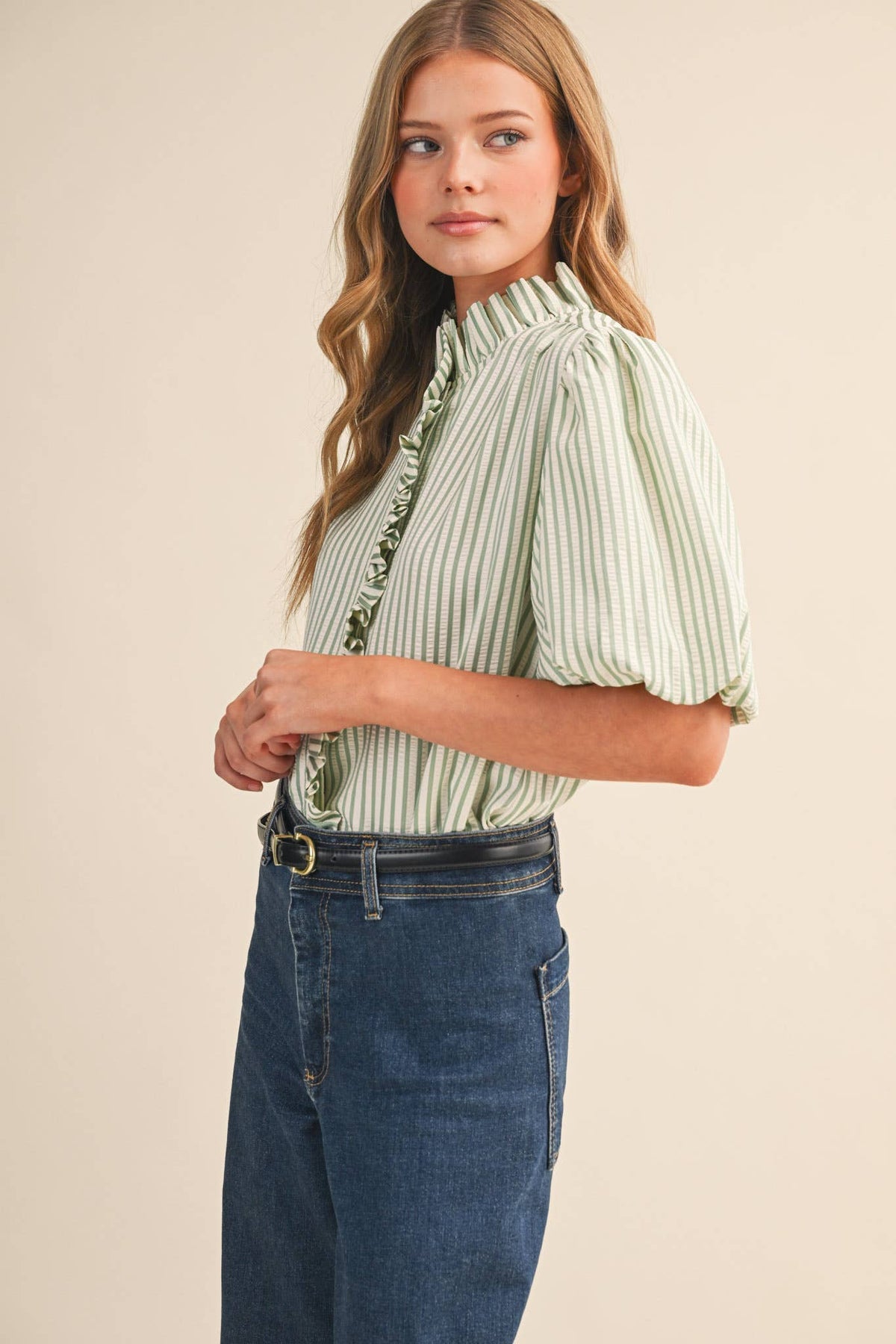 Striped Ruffled Button Down Top-Seafoam