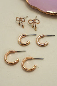 Mini Bow Huggie Hoop Trio Earrings - Gold