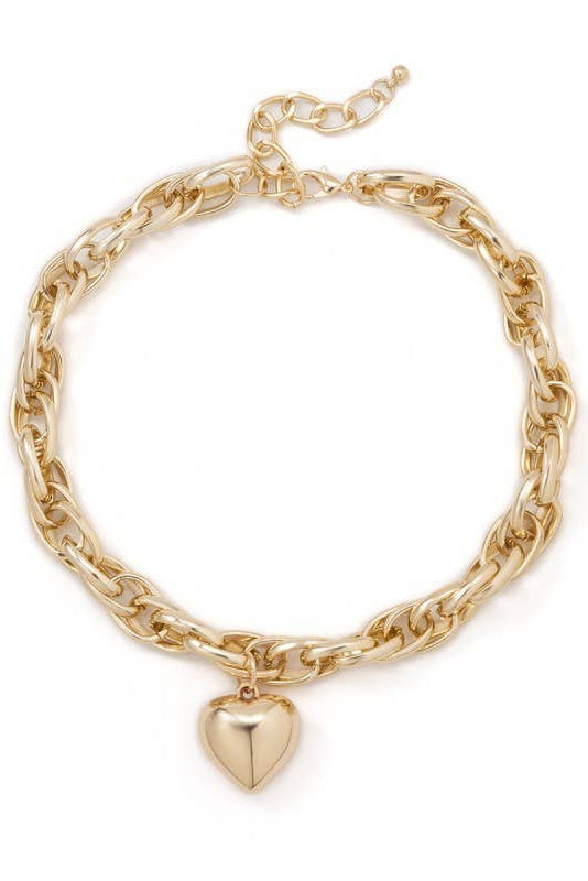 Puffy Heart Chunky Chain Statement Necklace-Gold