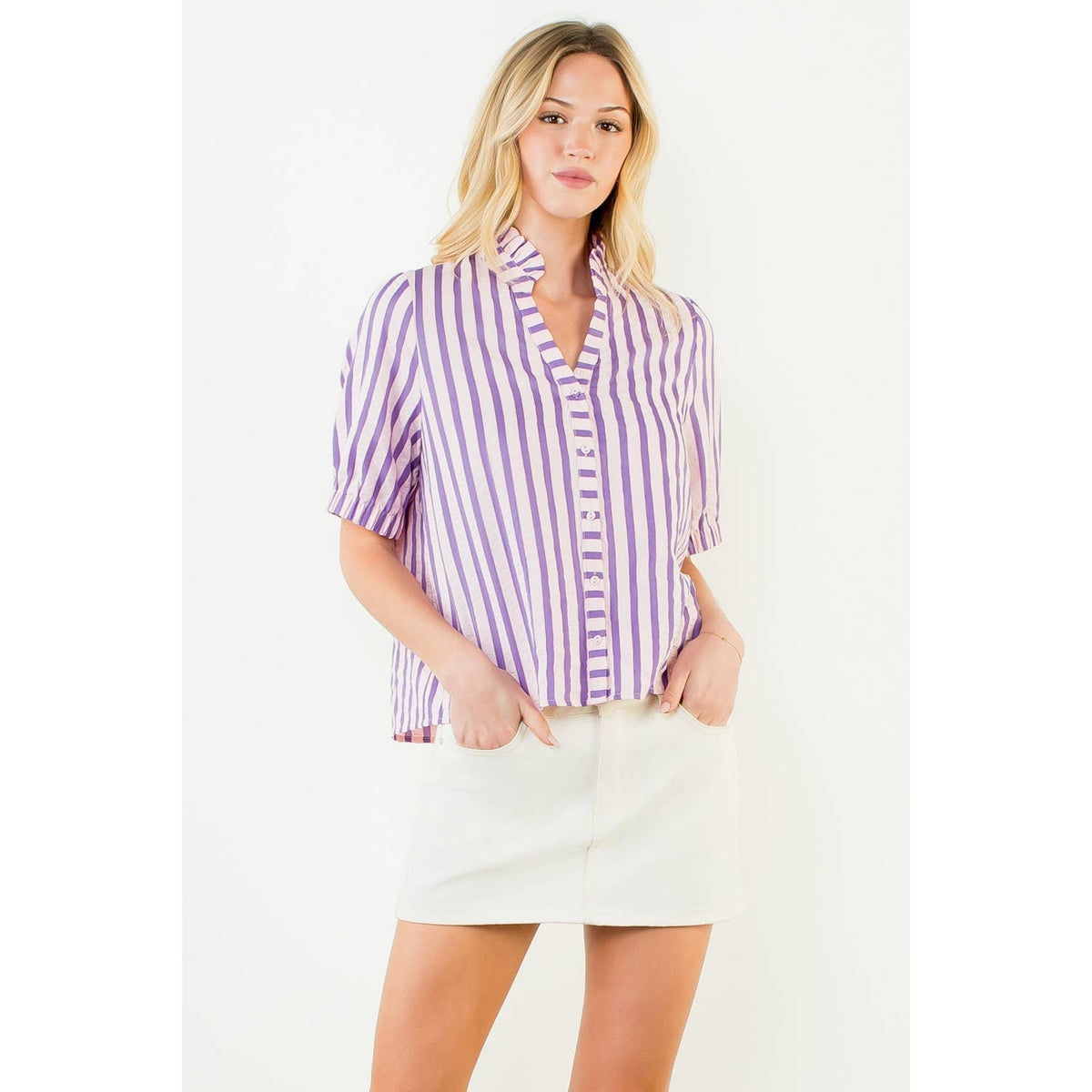 THML - Short Sleeve Striped Button Down Top-Purple