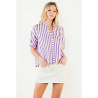 THML - Short Sleeve Striped Button Down Top-Purple