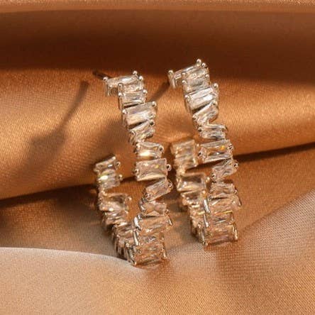 Baguette Rhinestone Hoop Earrings-Gold