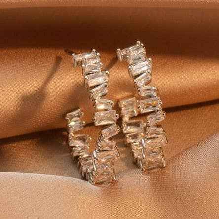 Baguette Rhinestone Hoop Earrings-Gold