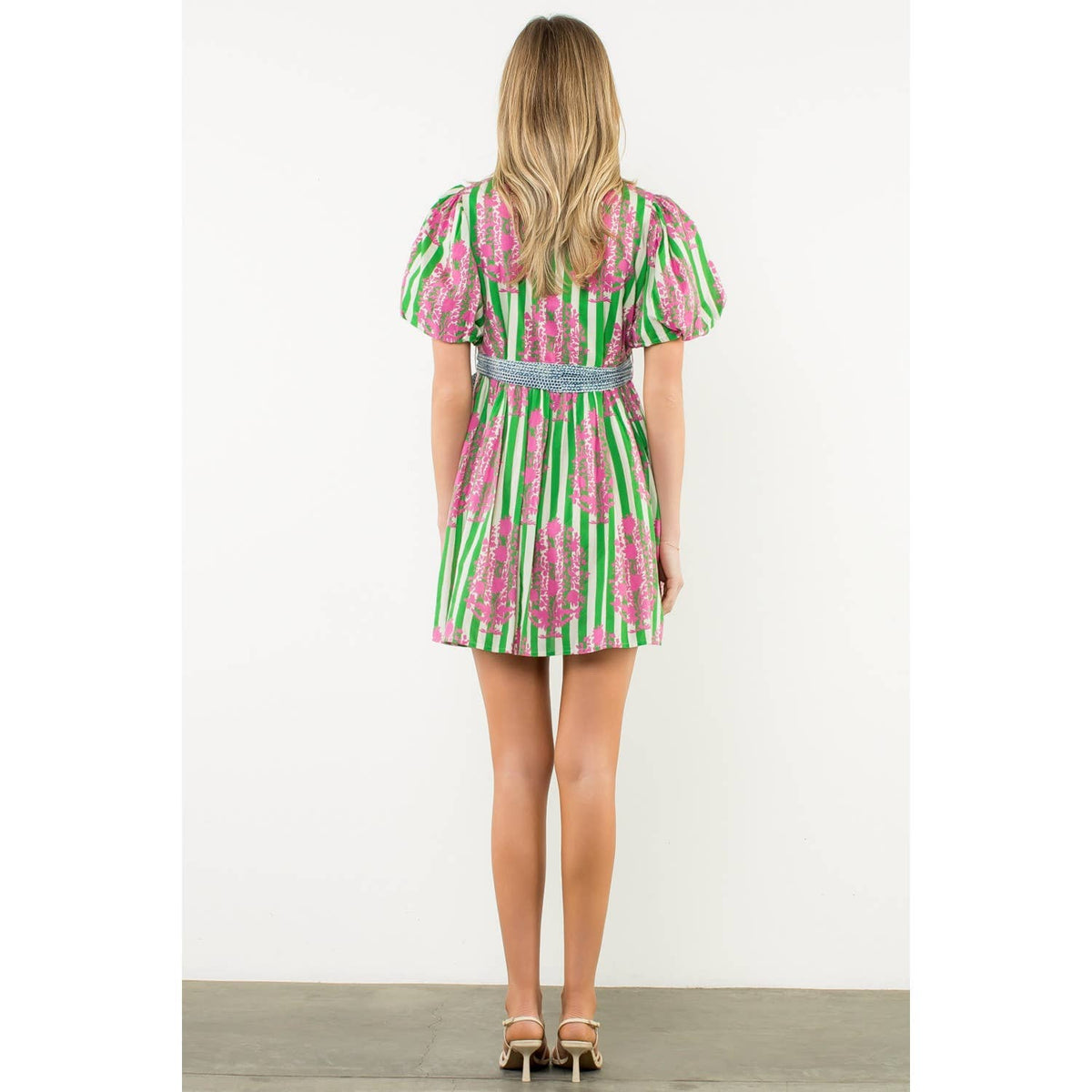 THML Tie Waist Puff Sleeve Print Dress
