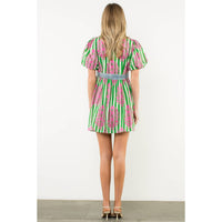 THML - Tie Waist Puff Sleeve Print Dress-Green