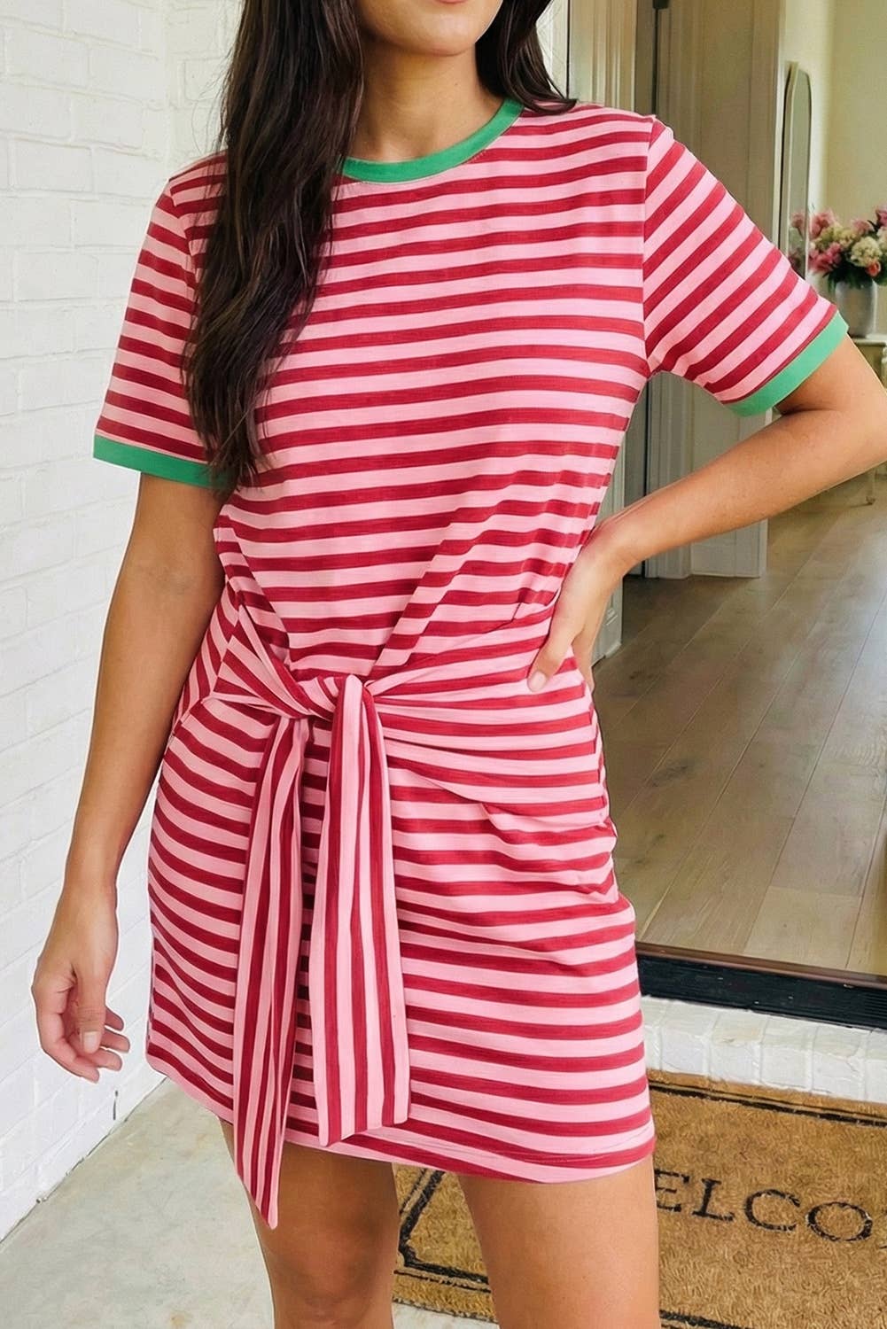 Striped Tie Pocket Mini Dress-Sky Blue Stripe