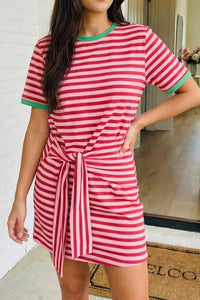 Striped Tie Pocket Mini Dress-Sky Blue Stripe