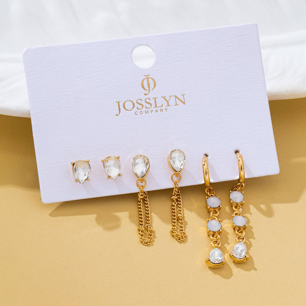 Crystal Stud & Linear Opal Drop Trio Earring Set-Gold