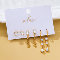 Crystal Stud & Linear Opal Drop Trio Earring Set-Gold