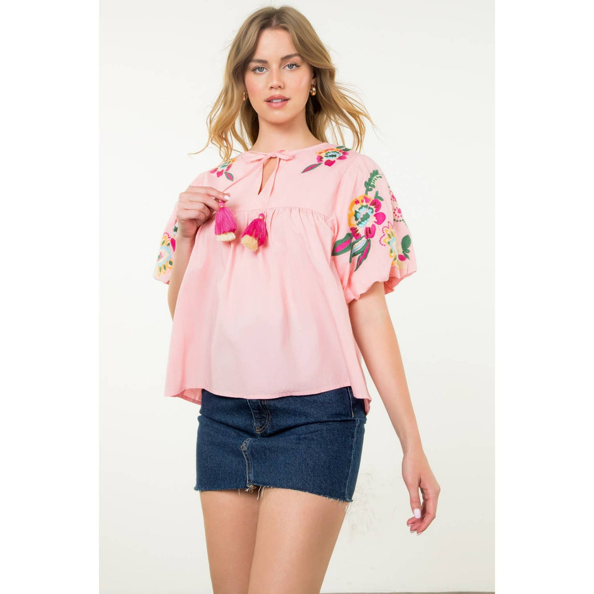 THML - Embroidered Detail Puff Sleeve Top-Pink