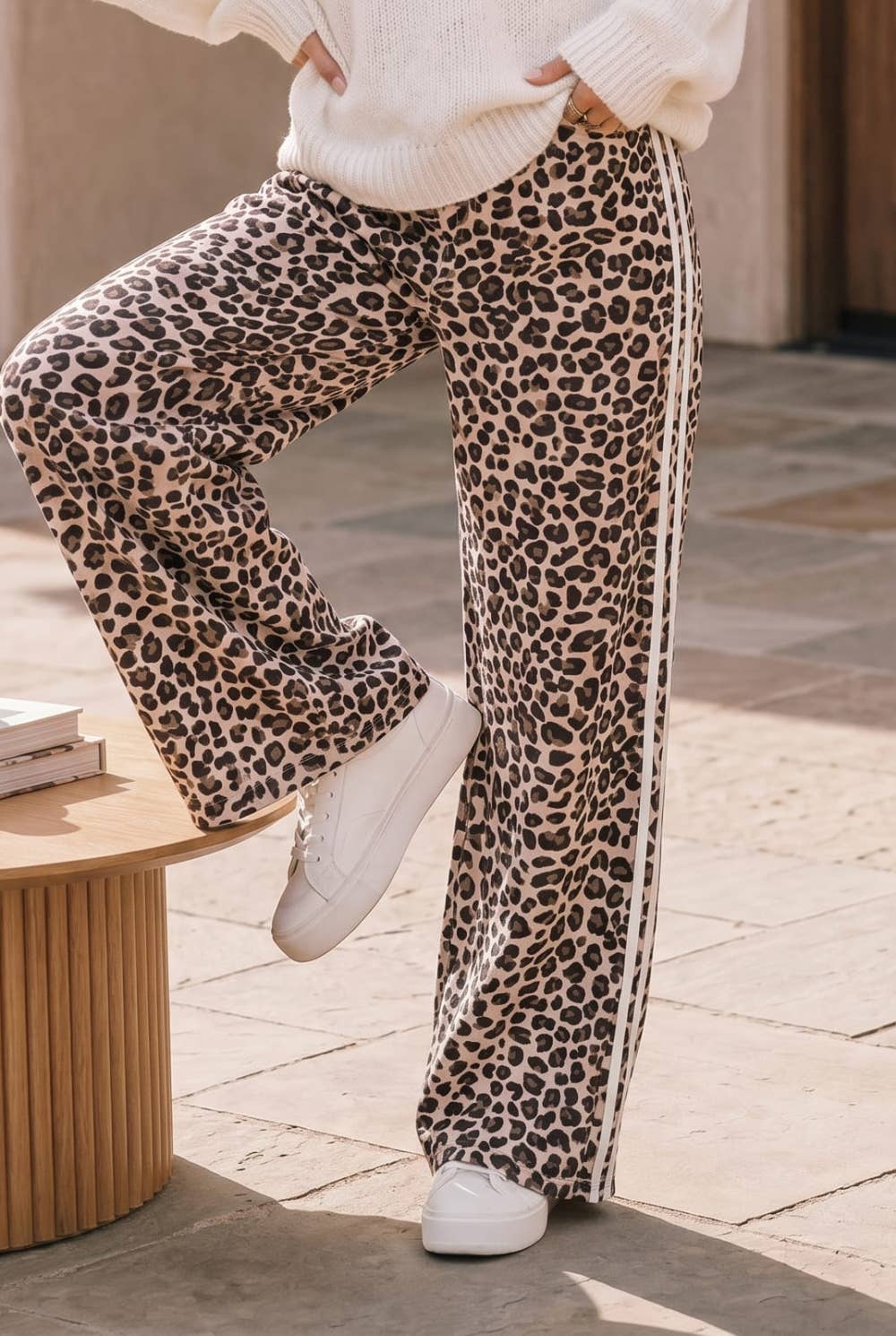 Leopard Print Wide Leg Pants with Side Stripe
