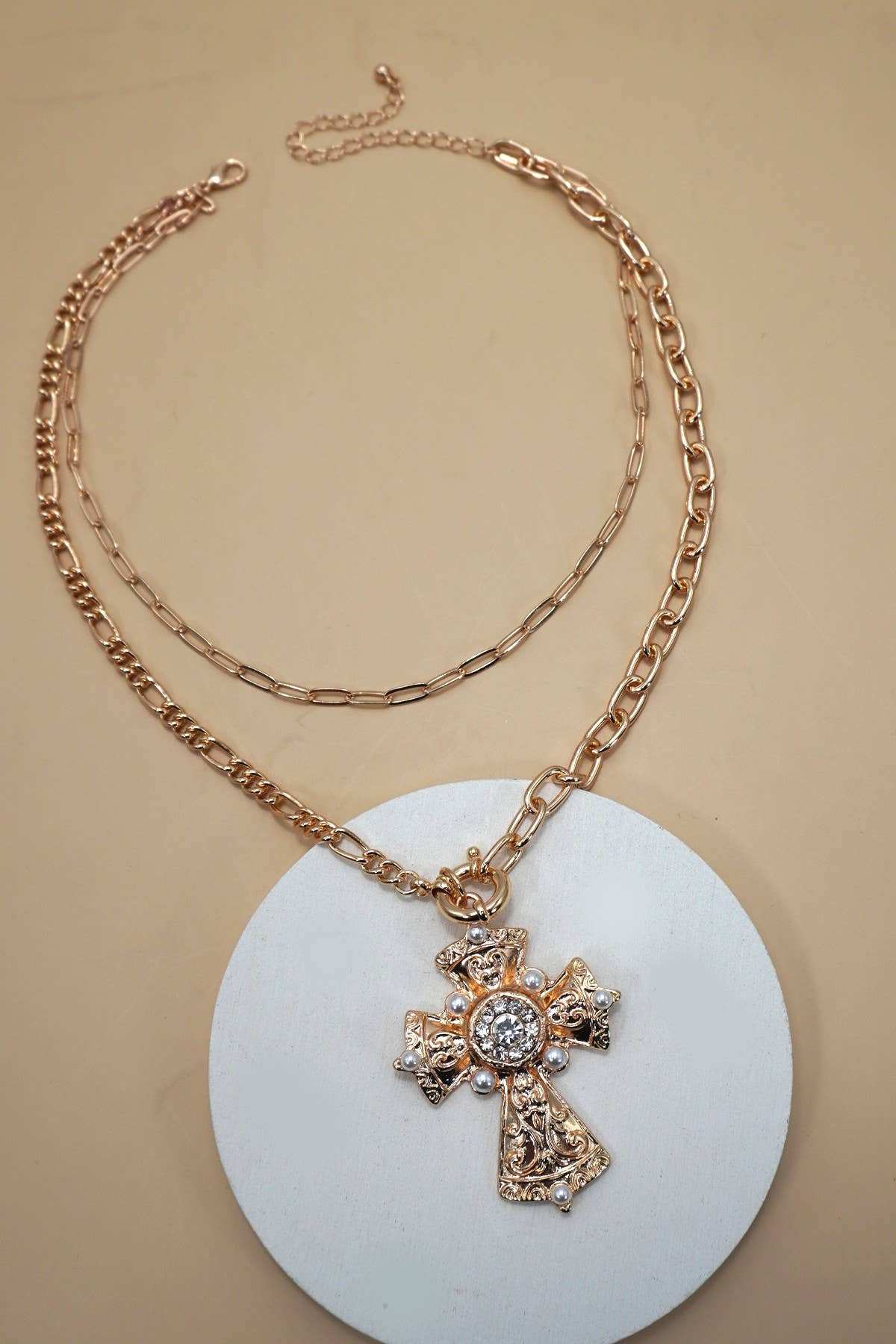 Multi Layered Cross Statement Necklace - Gold