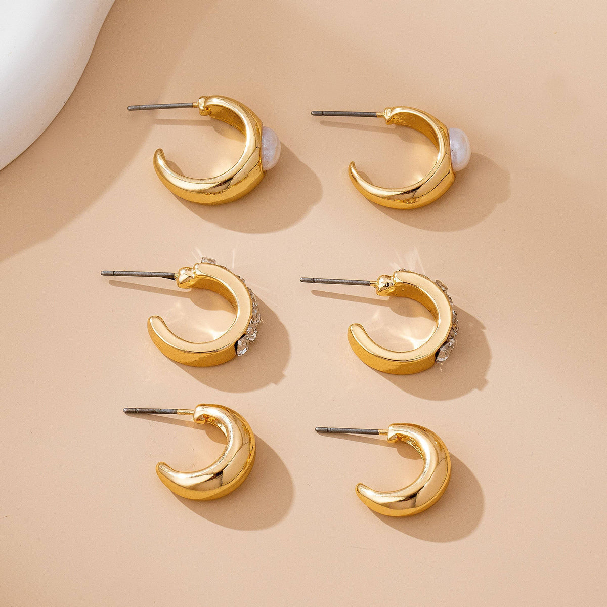 Pearl & Baguette Huggie Hoop Trio Earring Set-Gold