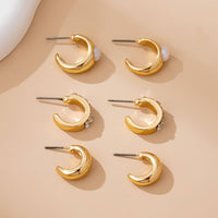 Pearl & Baguette Huggie Hoop Trio Earring Set-Gold