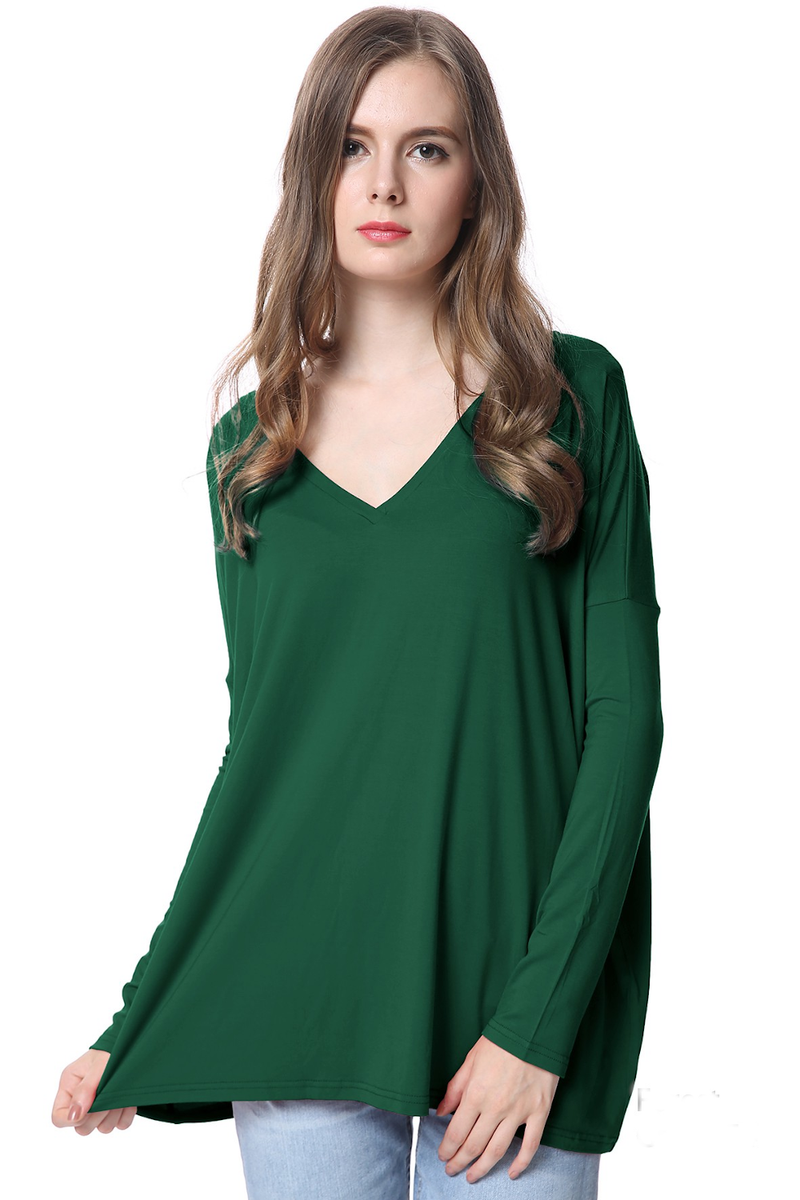 Long Sleeve V-Neck Piko Top - Jade Forest - Simply Dixie Boutique
