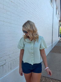 & Merci Green and White Striped button front top