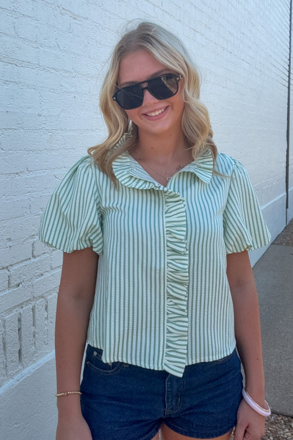 & Merci Green and White Striped Top ruffle