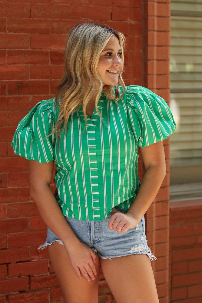Pinched Perfection Puff Sleeve Top-Green