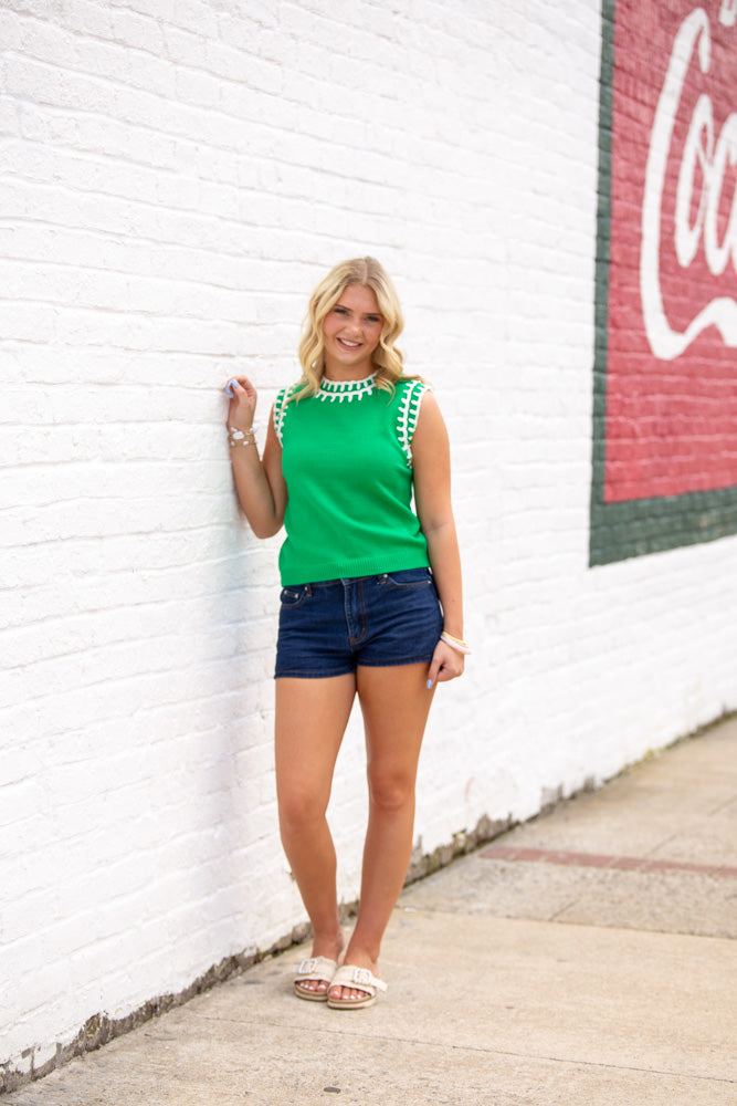 Embroidered Sleeveless Knit Tank Top-Emerald/White