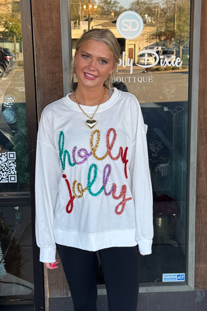 Holly Jolly Christmas French Terry Pullover-Off White