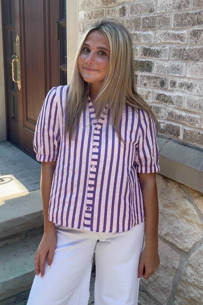 THML - Short Sleeve Striped Button Down Top-Purple