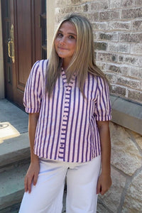 THML - Short Sleeve Striped Button Down Top-Purple