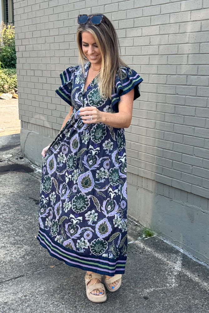 Entro Brand Paisley Print Midi Dress Blue | Simply Dixie Boutique