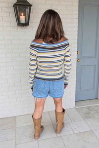 Fold Over Off The Shoulder Long Sleeve Sweater Top-Multi