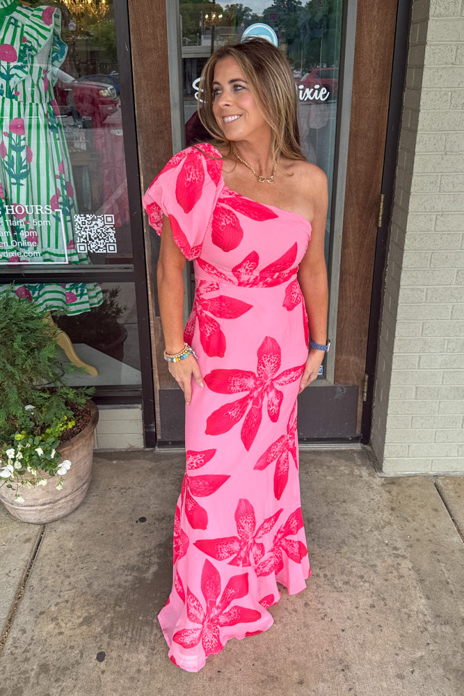 One Shoulder Pink Floral Maxi Dress with Puff Sleeves | Wedding Guest & Vacation Dress