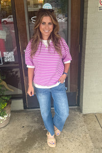 Zenana-Striped Ribbed Short Sleeve Banded Pullover